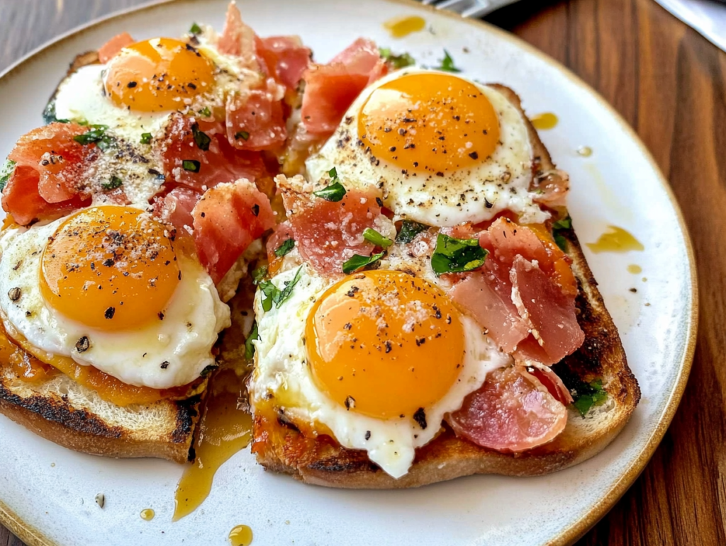 Toast with sunny-side-up eggs, prosciutto, and herbs, showcasing Italian breakfast foods.