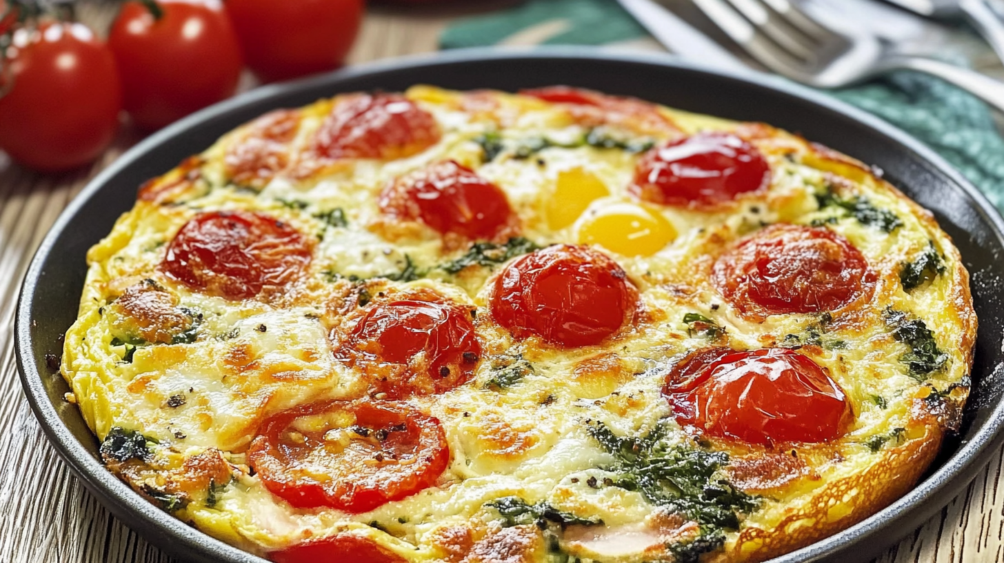 A freshly cooked Italian frittata with vibrant cherry tomatoes, spinach, and melted cheese in a skillet.