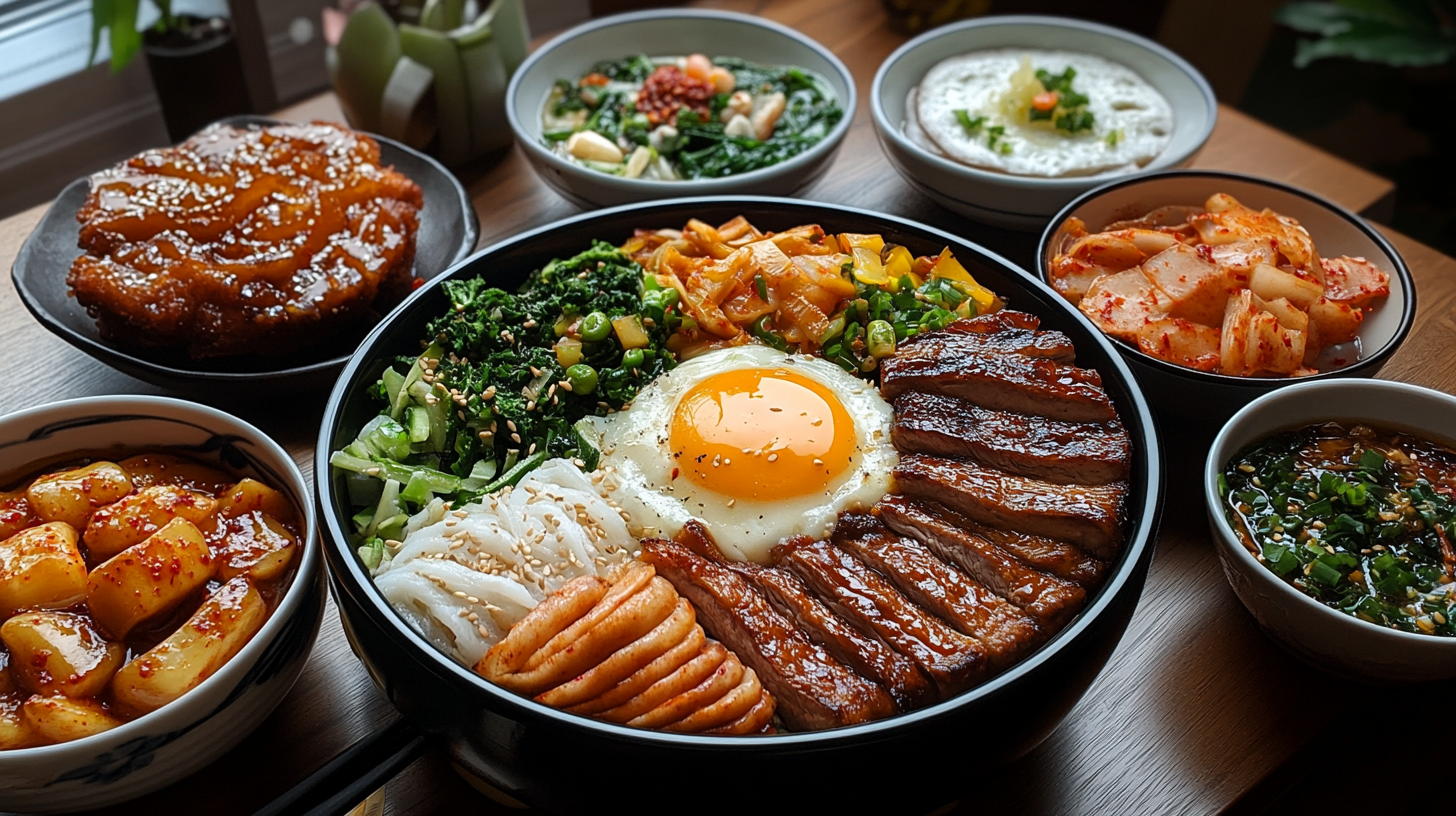 A traditional Korean breakfast spread featuring a bowl of rice with fried egg, grilled meat, and vegetables, surrounded by side dishes like kimchi, spinach, radish, and sauces.