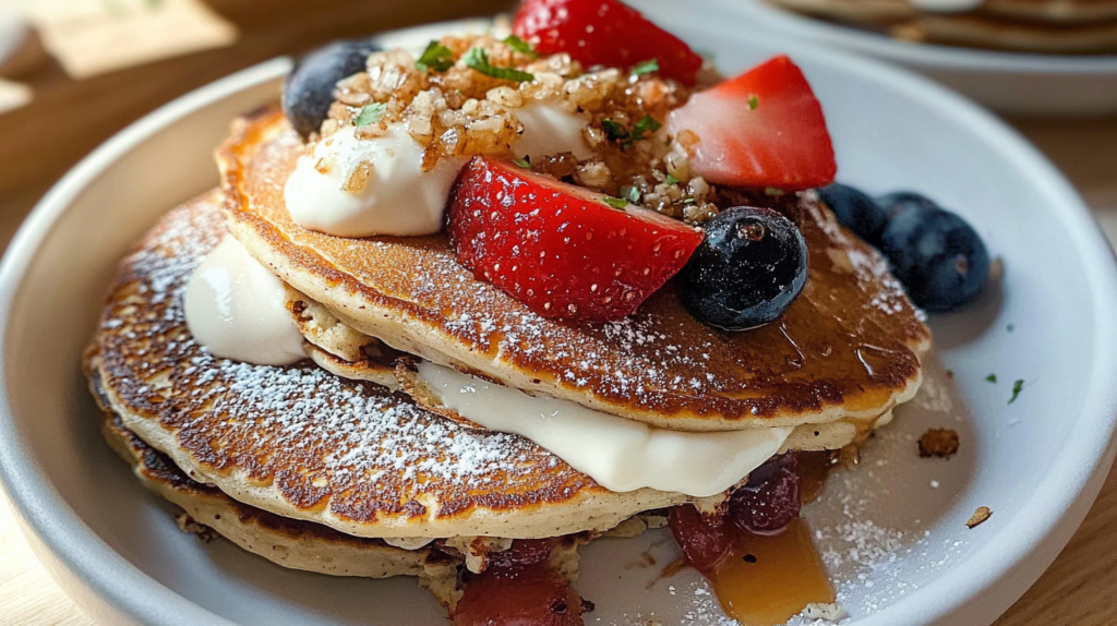 Two pancakes topped with fresh strawberries, blueberries, whipped cream, chopped nuts, and powdered sugar, served on a white plate with syrup.