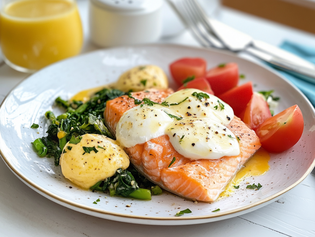 A plate of poached eggs served over a cooked salmon fillet, accompanied by sautéed greens, cherry tomato halves, and a creamy sauce garnish.