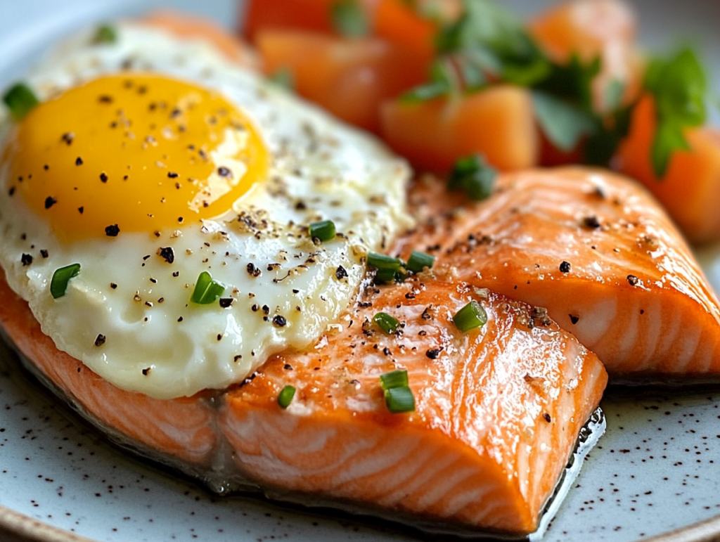 A perfectly cooked salmon fillet topped with a sunny-side-up egg, garnished with chopped chives and served alongside diced tomatoes and fresh herbs.