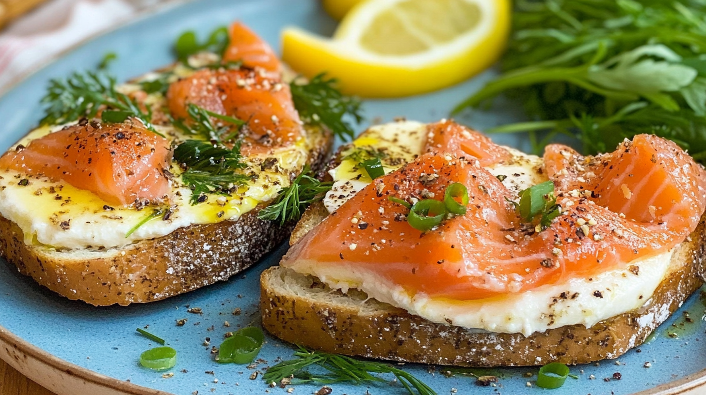 Open-faced toast with smoked salmon, creamy spread, fresh herbs, and seasoning, garnished with lemon slices and greens on a blue plate.