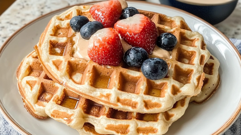 Sourdough discard waffles topped with fresh strawberries, blueberries, and a drizzle of maple syrup.