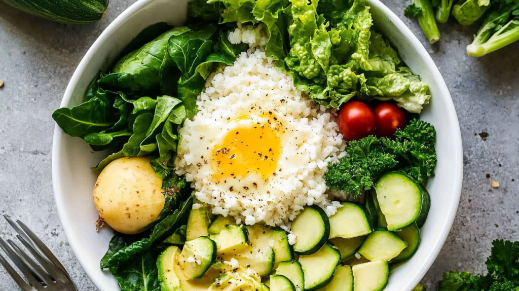 A nutritious breakfast bowl with leafy greens, zucchini slices, cherry tomatoes, parsley, steamed rice, a sunny-side-up egg, and a boiled potato.