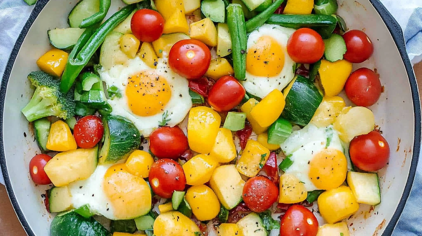 A colorful vegetable and egg breakfast skillet with cherry tomatoes, zucchini, yellow bell peppers, green beans, and sunny-side-up eggs.