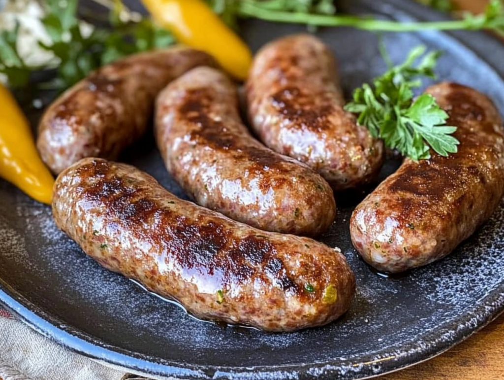 Perfectly browned venison sausage links on a plate, garnished with fresh parsley and yellow peppers.