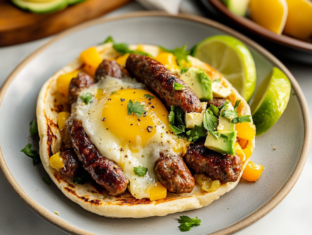 Breakfast taco with venison sausage links, a sunny-side-up egg, diced avocado, yellow peppers, fresh cilantro, and lime wedges.