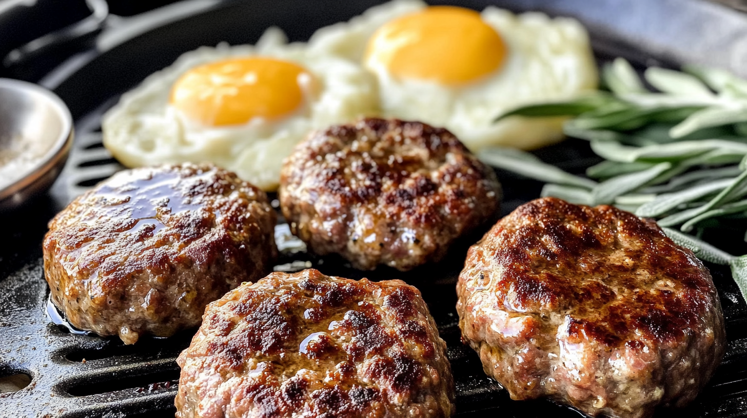 Juicy venison breakfast sausage patties cooking on a skillet with fried eggs and fresh sage in the background.